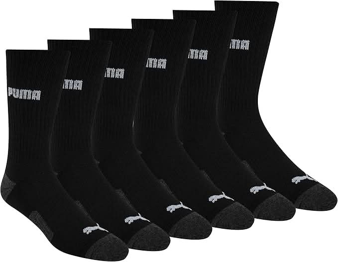 PUMA Men's Athletic Cushioned CREW Socks (6-Pair), BLACK, Large, (Shoe Size 8-12)