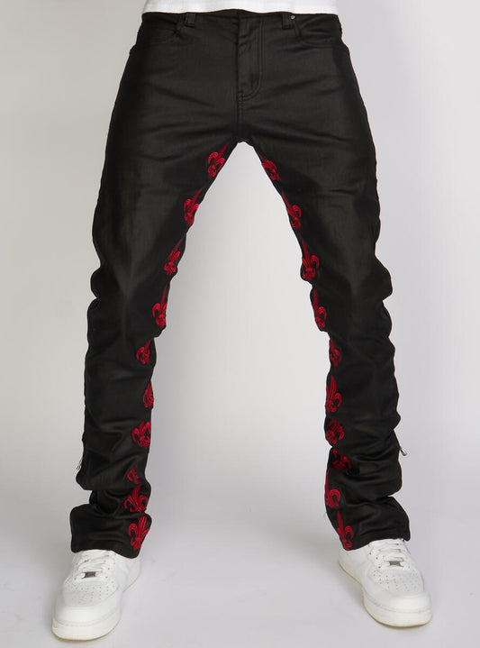 Politics Wax Stacked Jeans "Fleur De Lis" Black/Red