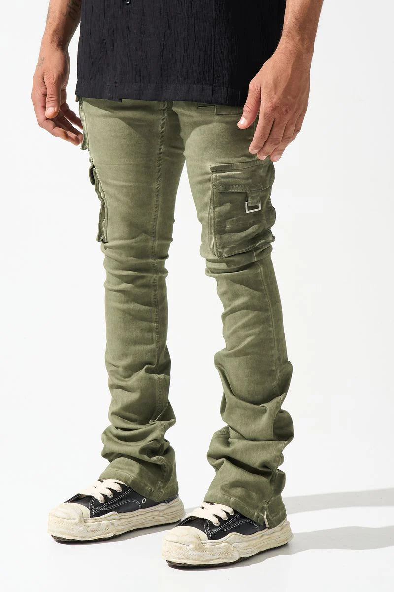 Serenede "Oil" Cargo Stacked Jeans Olive