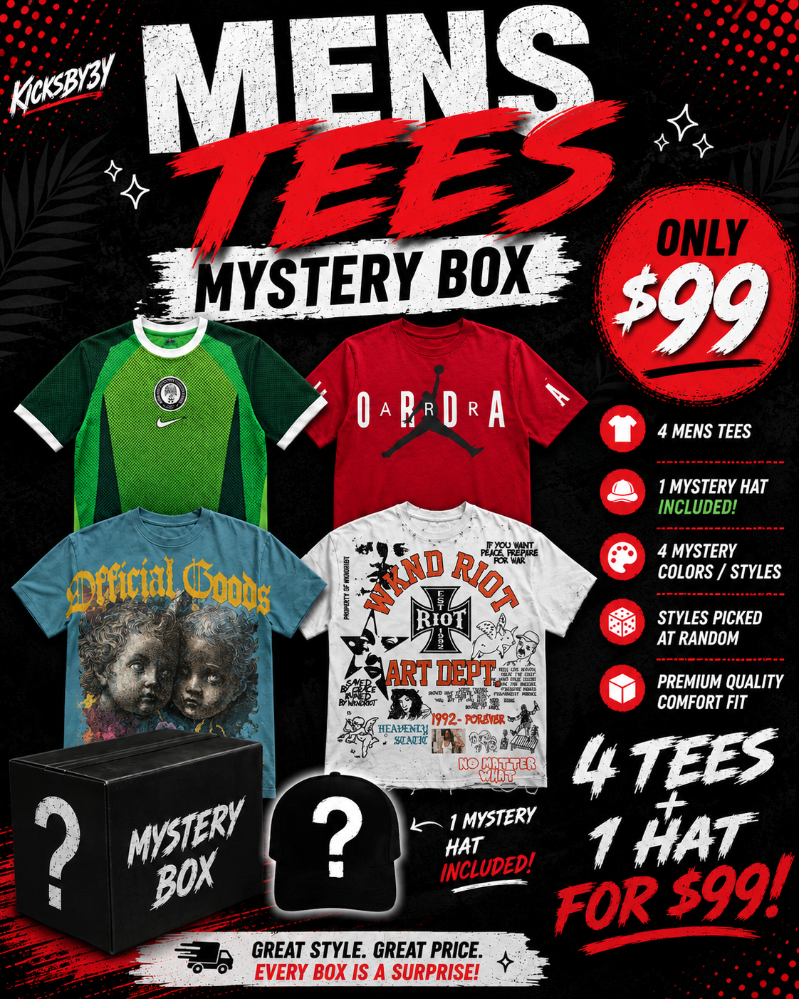 4 MENS TEES MYSTERY BOX WITH A HAT