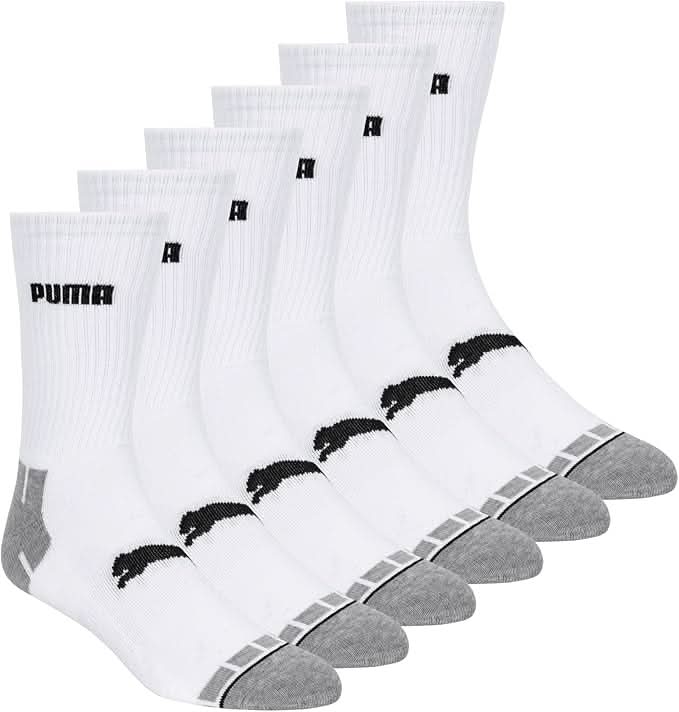 PUMA Men's Athletic Cushioned CREW Socks (6-Pair), WHITE/BLACK Large, (Shoe Size 8-12)