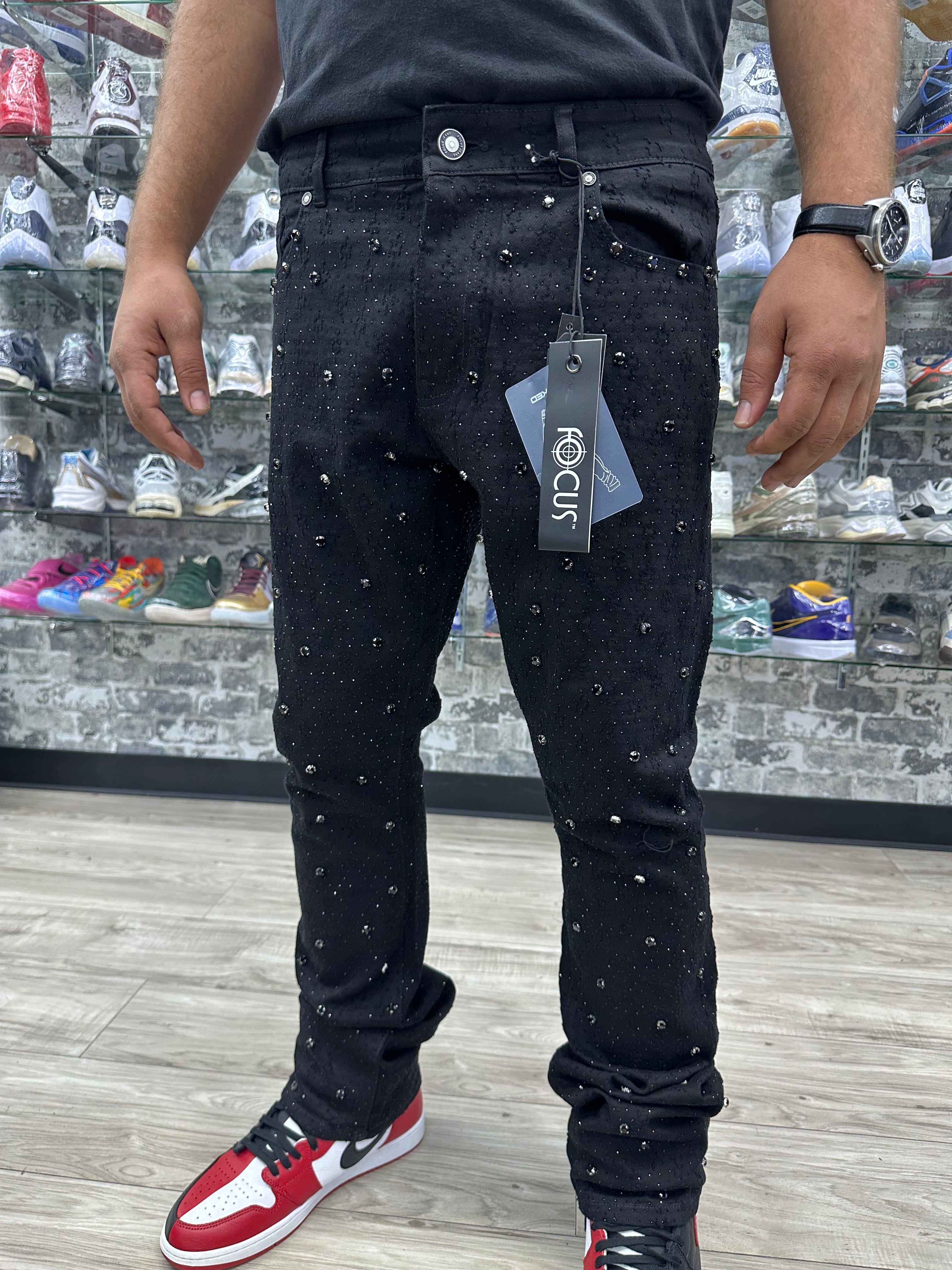Focus Jeans “Black Rhinestone Gems" Stacked Jeans