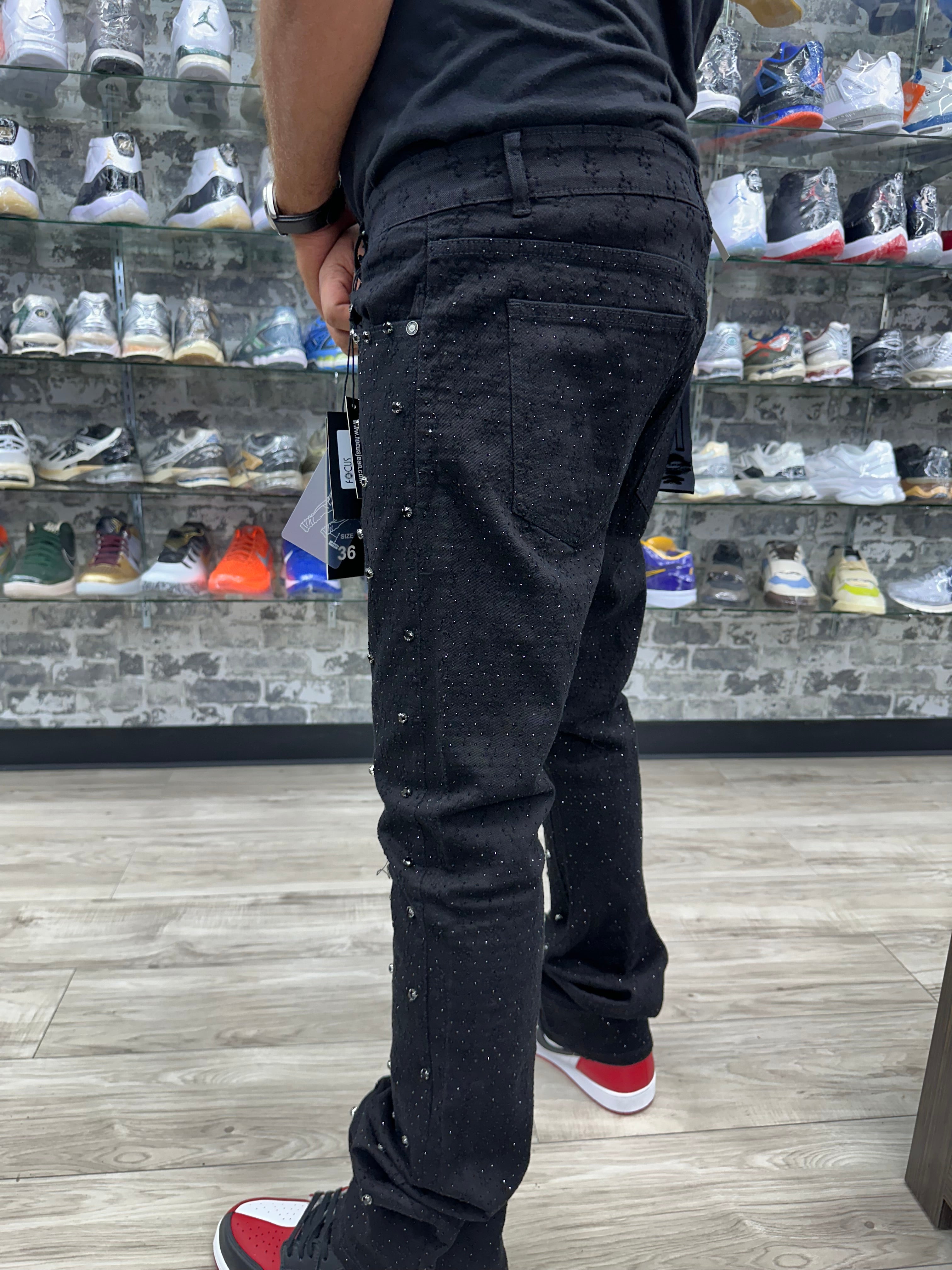 Focus Jeans “Black Rhinestone Gems" Stacked Jeans