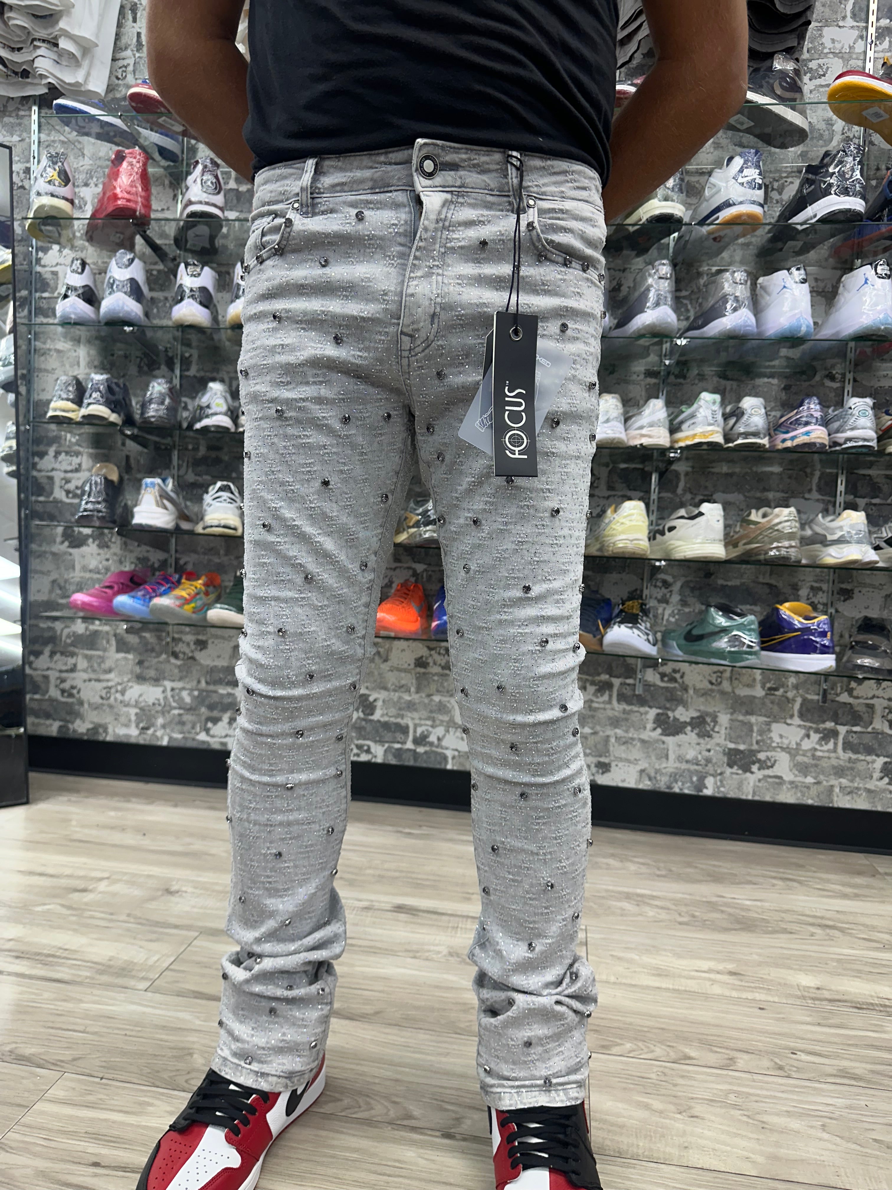 Focus Jeans “Grey Rhinestone Gems" Stacked Jeans