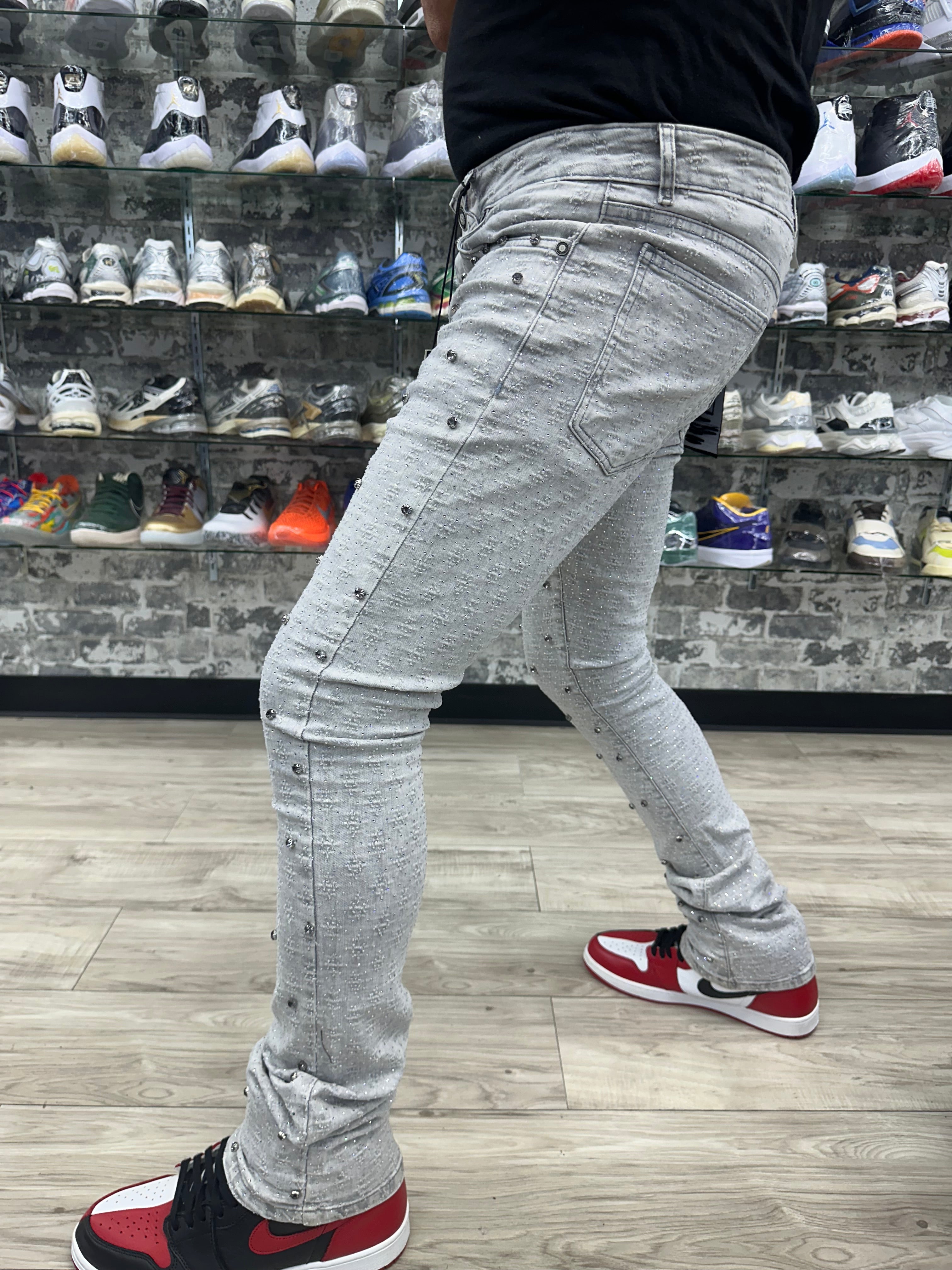 Focus Jeans “Grey Rhinestone Gems" Stacked Jeans