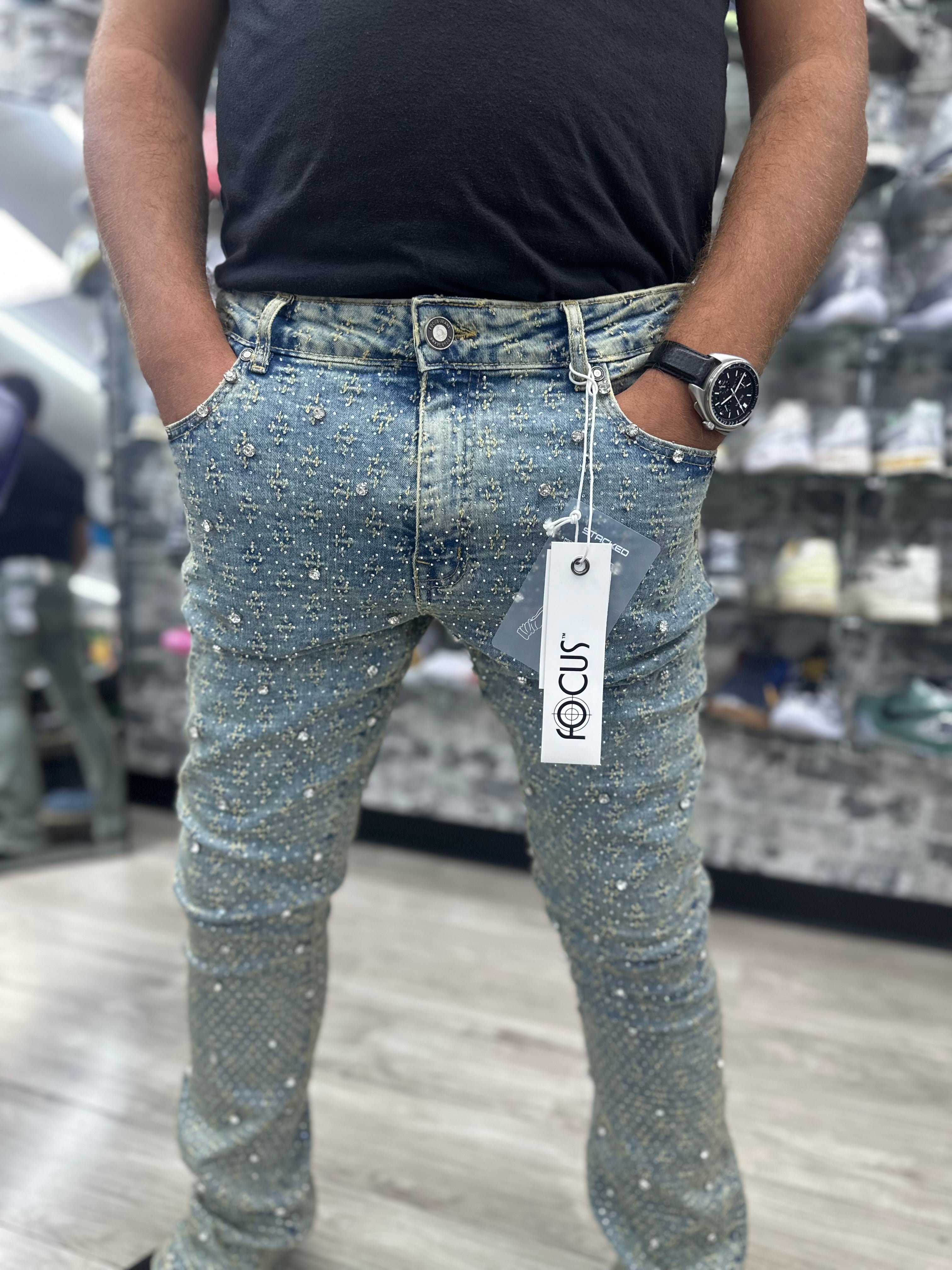 Focus Jeans “Vintage Blue Rhinestone Gems" Stacked Jeans