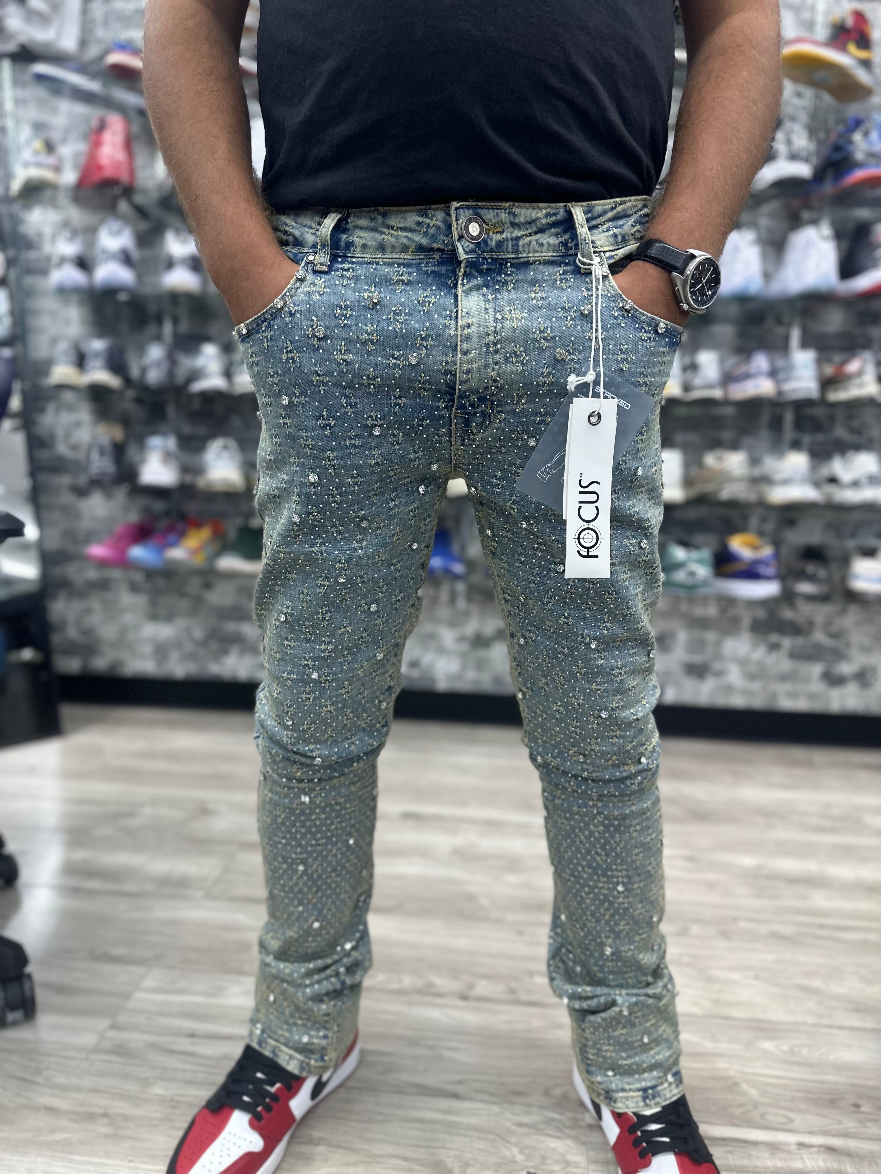 Focus Jeans “Vintage Blue Rhinestone Gems" Stacked Jeans