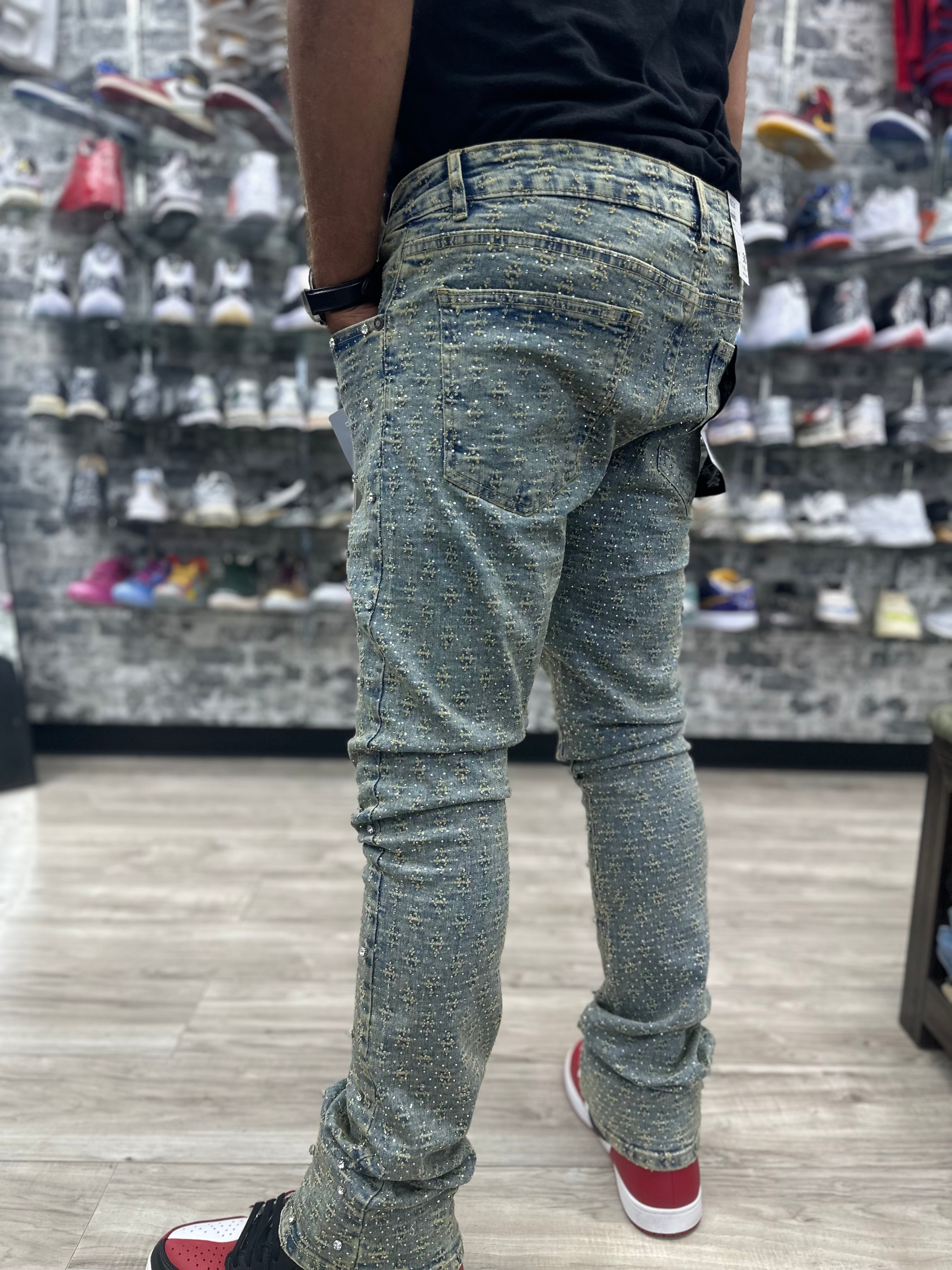 Focus Jeans “Vintage Blue Rhinestone Gems" Stacked Jeans