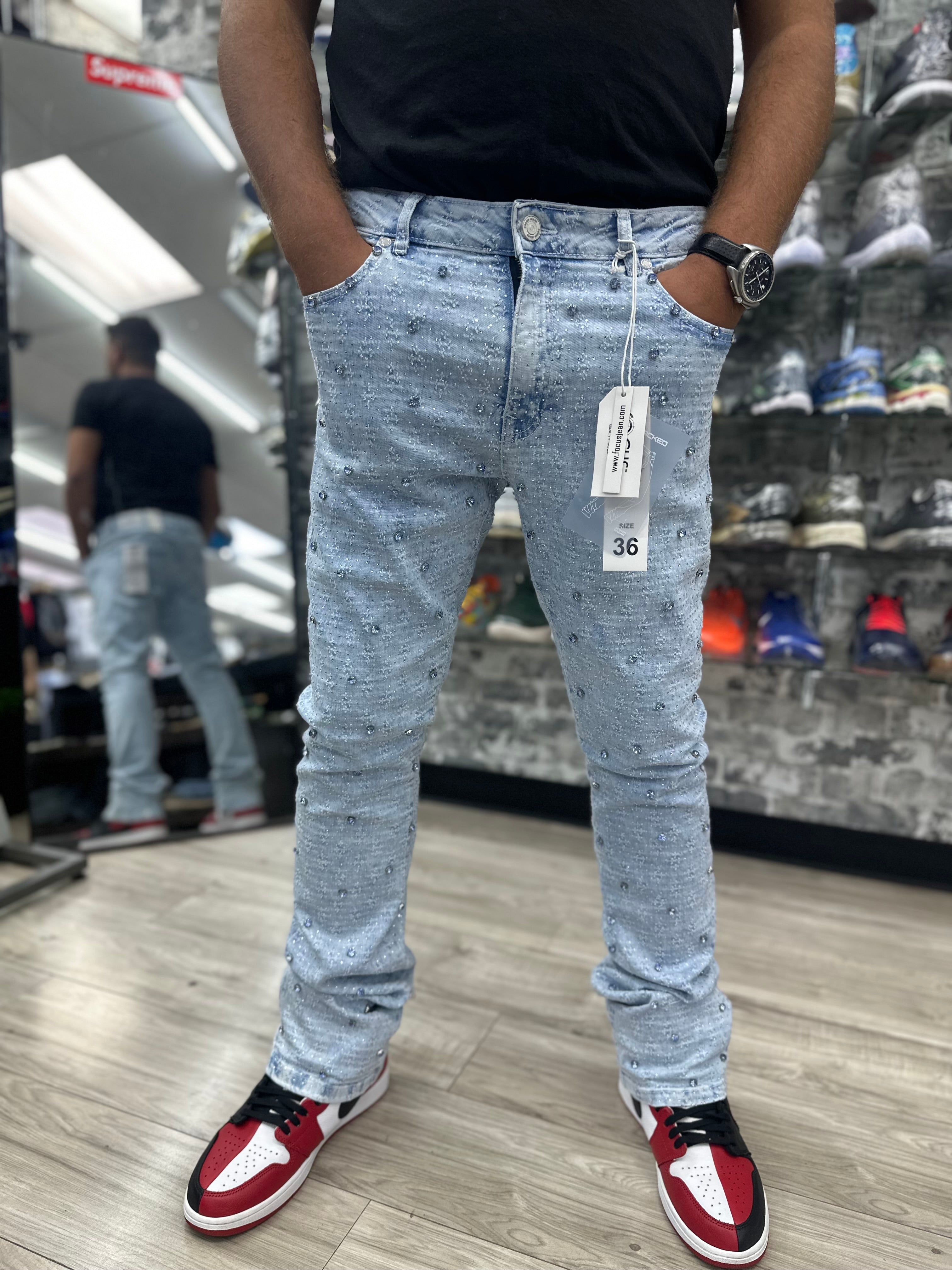 Focus Jeans “Light Blue/Stone Wash Rhinestone Gems" Stacked Jeans