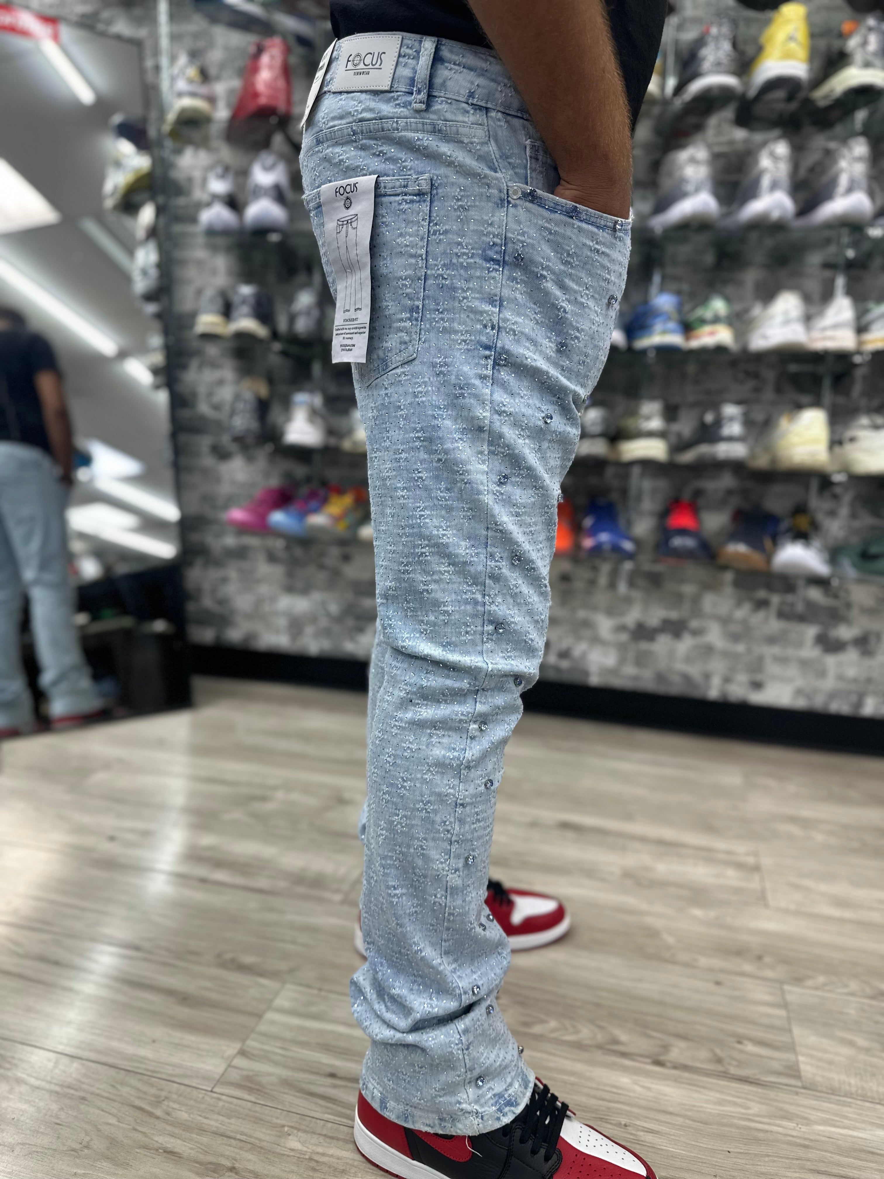 Focus Jeans “Light Blue/Stone Wash Rhinestone Gems" Stacked Jeans