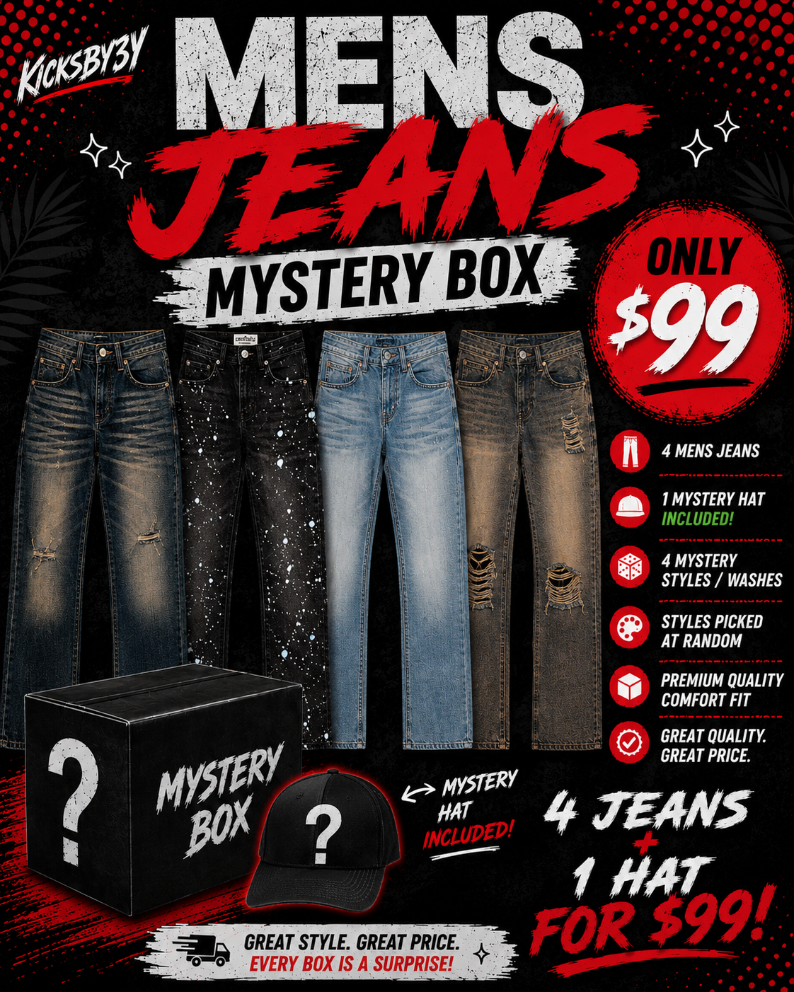 4 MENS JEANS MYSTERY BOX WITH A HAT
